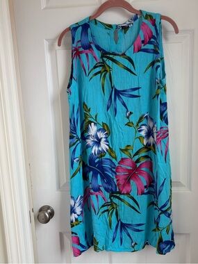 Tropical Sleeveless Shift Dress - Turquoise with Pink & Blue Floral